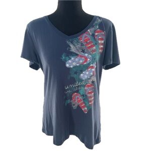 Navy "United We Stand" Patriotic Flag Flip Flops V-Neck T-Shirt Size Medium